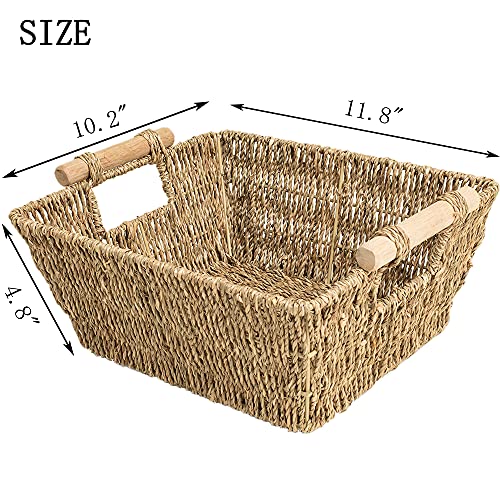 Handmade Woven Wicker Storage Baskets, 2-Pack, Seagrass Shelf Baskets For Organizing & Sorting, Toilet Paper Towel Holder Basket With Wooden Handles, Iron Frame, 11.8" X 10.2" X 4.8" #TOP2