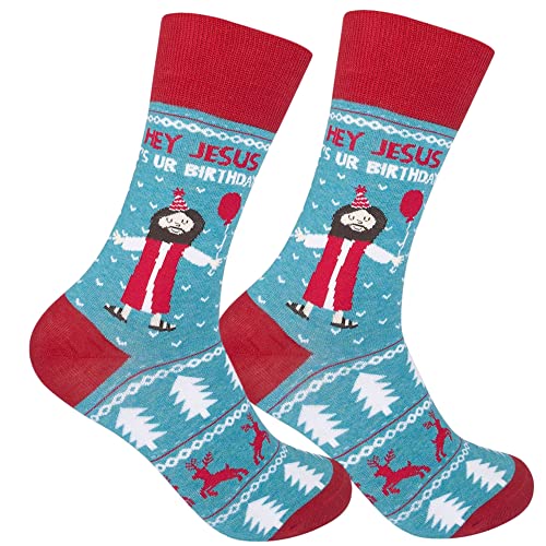 FUNATIC Hey Jesus It's UR Birthday Dress Socks for Men and Women | Christmas Gift Idea with Funny Saying | Humorous Xmas Lover Themed Apparel Present | Best Novelty Religion Holiday Party Gag Attire