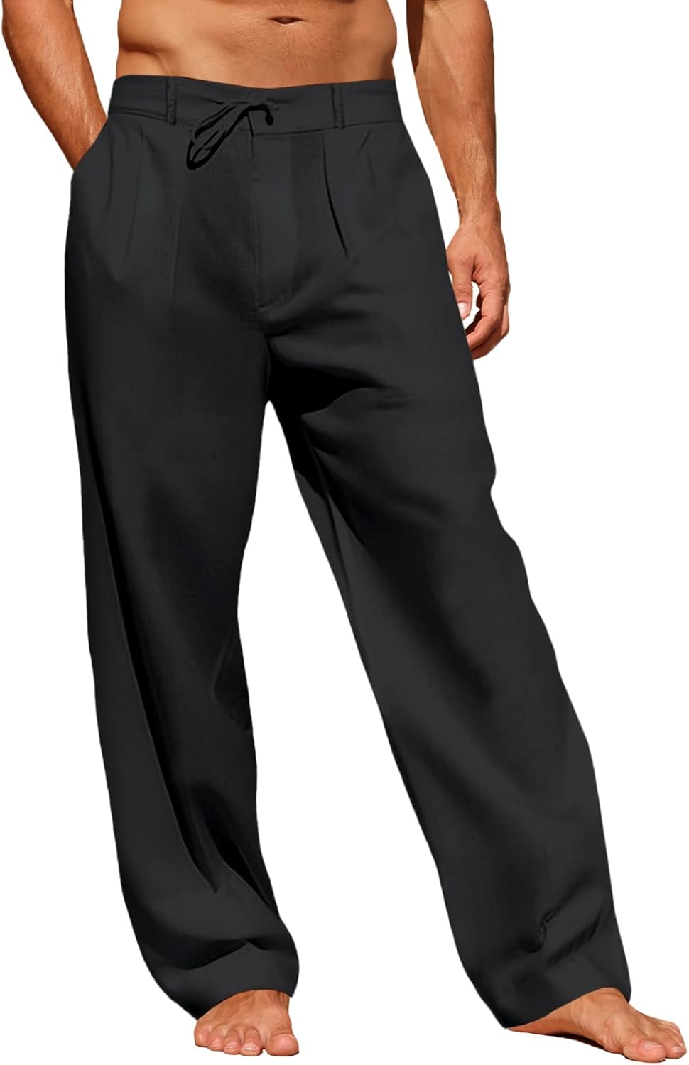 Runcati Mens Linen Cotton Casual Pants Elastic Waist Drawstring Lightweight Pants Loose Fit Summer Beach Yoga Trousers