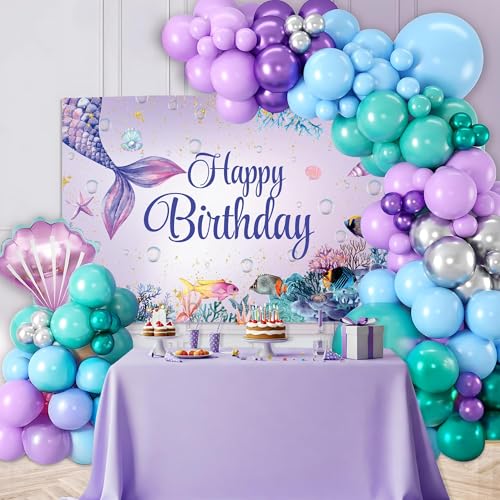 Image of SpecialYou.in Mermaid Theme Birthday Decorations Kit for Girls with Pastel Purple, Blue, Green, Silver Balloons, Mermaid Fabric Backdrop, Birthday Decoration Items for Baby Girl- 59 Pcs