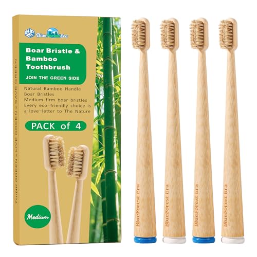 BlueForest Era Boar Bristle Toothbrush All Natural Bamboo Toothbrushes Medium 4 Pack Plastic Free Toothbrush No Toxic Boar Hair Toothbrushes Organic Non Plastic Wooden Tooth Brushes for Adults