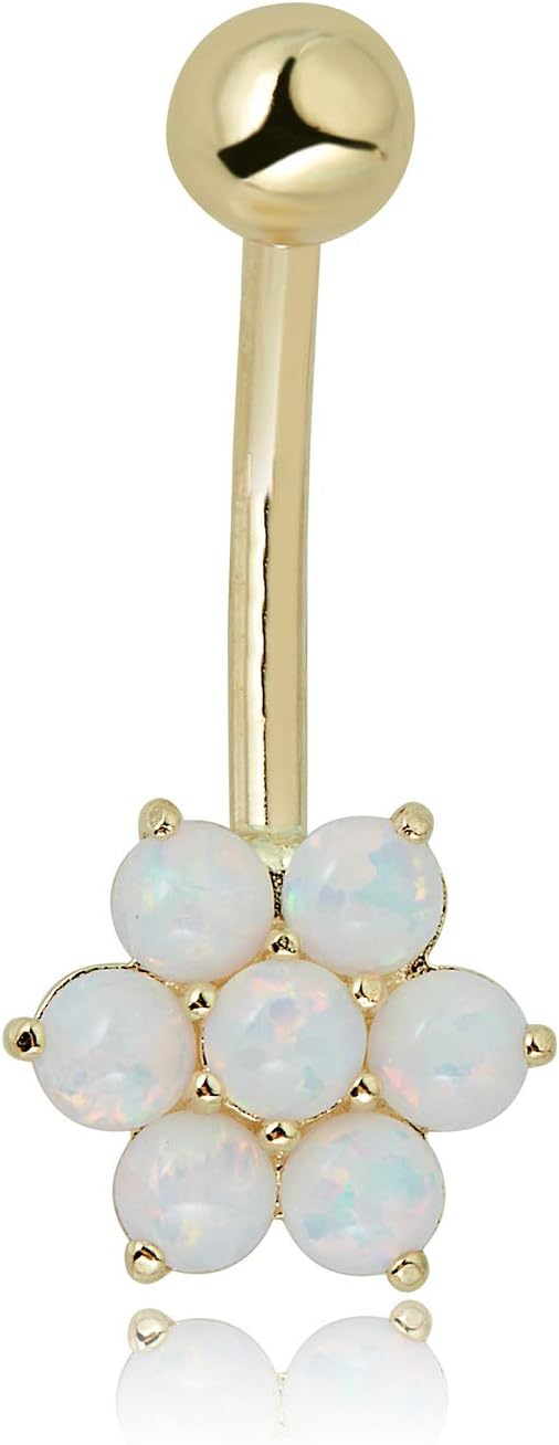 AVORA 10K Gold Simulated Opal Flower Belly Button Ring Body Jewelry (14 Gauge)