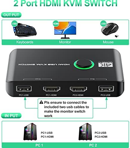 4K KVM Switch HDMI 2 Port Box, Rybozen USB HDMI Switches for 2 Computers Share Keyboard Mouse Printer and one HD Monitor, Support 4K@60Hz, with 2 USB Cables and 2 HDMI Cables