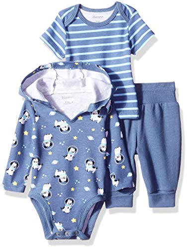Hanes Ultimate Baby Flexy Knit Jogger with Hoodie and Short Sleeve Crew Set, Blue Fun, 0-6 Months