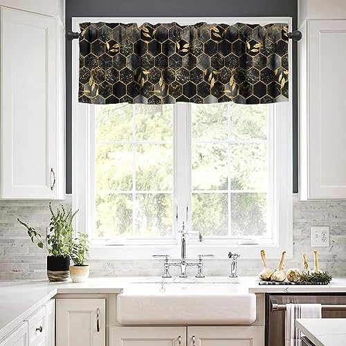 Image of Black Grey Marble Window Valance Curtain, Marble Hexagon Texture Golden Leaves Abstract Background Window Valances Treatments for Kitchen Living Room Cafe Decor 54'x18', 1 Panel