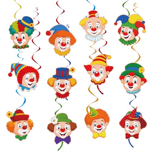12PCS Clown Guirlande à Spirales Tourbillons, Guirlandes Tourbillons Suspendus, à Plafond Guirlande à Double Bandeau, avec Carte Motif Clown Decoration, pour Carnaval Fête Party Festivals