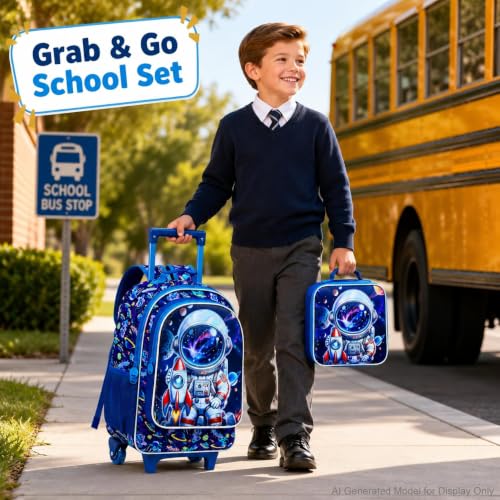 gxtvo 3PCS Boys Astronaut Rolling Backpack with Wheels, Kids Wheeled Bookbag with Lunch Box, Water-Resistant Roller School Bag for Elementary Preschool Toddler - Rocket Astronauts Blue by gxtvo - Used condition - Image 2