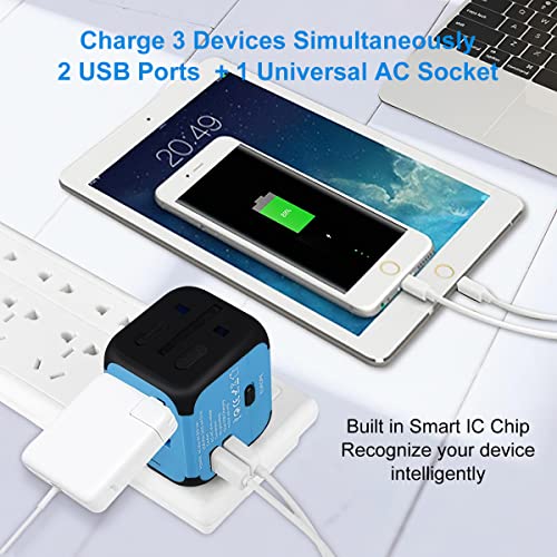 Goldfox Universal Travel Adapter, Worldwide International Plug Adapter With 2 Usb Ports, European Travel Plug Adapter, All In One Power Adapter Ac Outlet For Europe, Uk, Us, Au, Asia (Blue) #TOP3