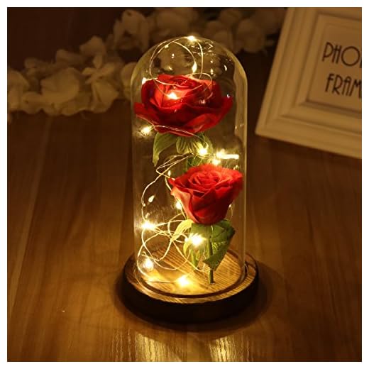 LEDMOMO Rosa de seda roja y luz en tapa vidrio sobre una base madera DIY Hecho a mano siempre Regalo para Día de la Madre boda San Valentín, aniversario