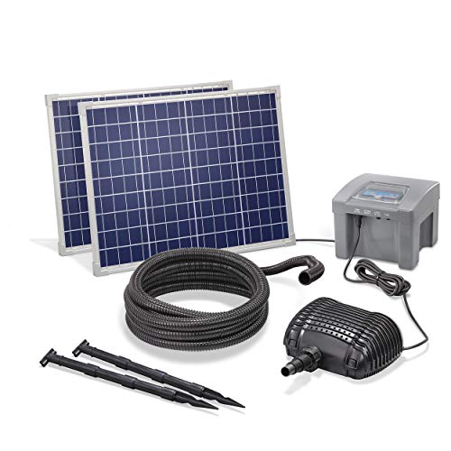 Solar Bachlaufset Professional with 12V/24Ah Akkuspeicher and 2 x 50W Modeul - 2.600 L/H Conveying Capacity - 1,5 M Hoisting Altitude - 5m Spiral Hose - Stream Pump Garden Pond Esotec 101974