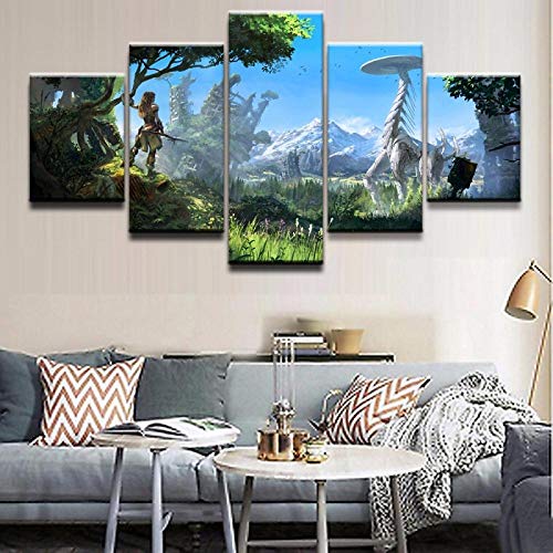 BAIOKAISHUII Wandkunst Poster Malerei Modulare Bilder für Wohnzimmer Dekorative Bilder Leinwand Gedruckt 5 Panel Game Horizon Zero Dawn Draw-Rahmenlos Cover