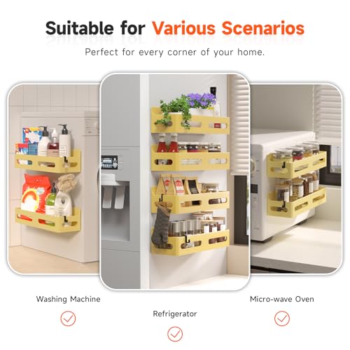 Image of Sevenblue 4-Pack Magnetic Spice Rack for Refrigerator with Hooks, Yellow | Strong multipurpose magnetic shelf for kitchen & bathroom organization. Includes 4 removable hooks for hanging items.
