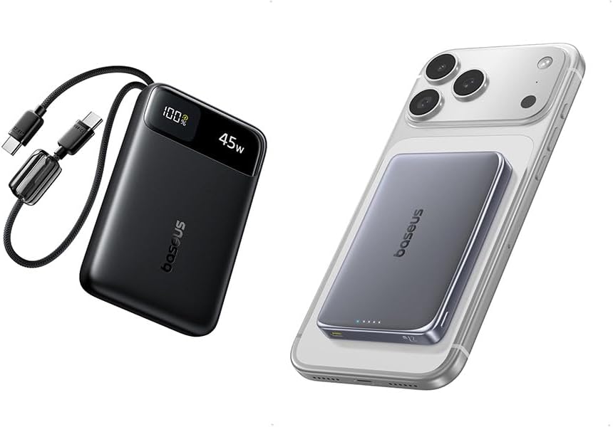 Baseus aseus Picogo 0.5" Ultra Slim 10000mAh MagSafe Portable Charger, Bundle with 45W Portable Charger, Ultra Slim 10000mAh Power Bank Built-in USB-C Cables