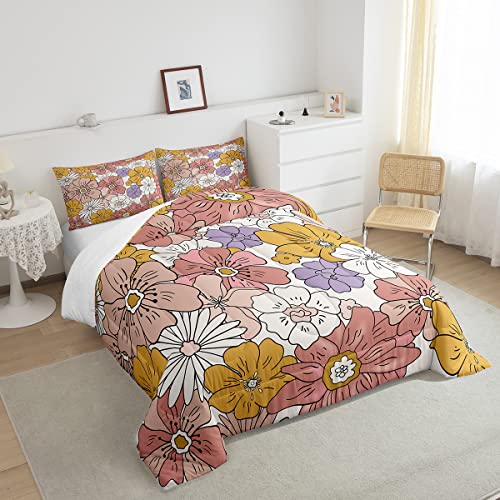 Groovy Flower Comforter 60S 70S 80S Flowers Pink Purple Yellow Comforter Set Retro Floral Boho Bedding Set For Children Kids Boys Girls Microfiber Duvet Set Room Decor Quilt Set Queen Size #TOP3