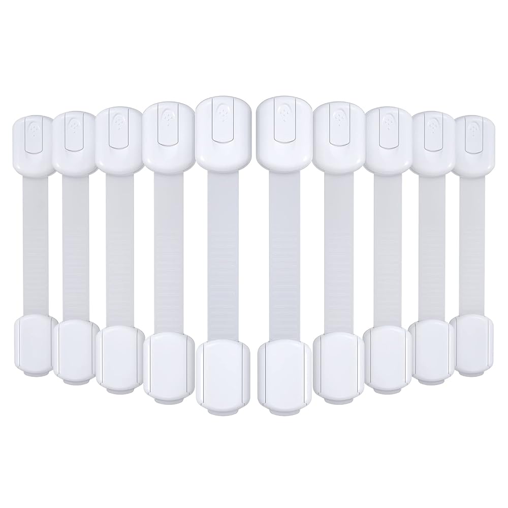 4our Kiddies 10 Pack Baby Proof Cabinet Latches, Childproof Drawer Latches with 6 Extra 3M Adhesives, Adjustable Child Safety Cabinet Strap Locks, Baby Drawer Locks for Kids and Child Safety