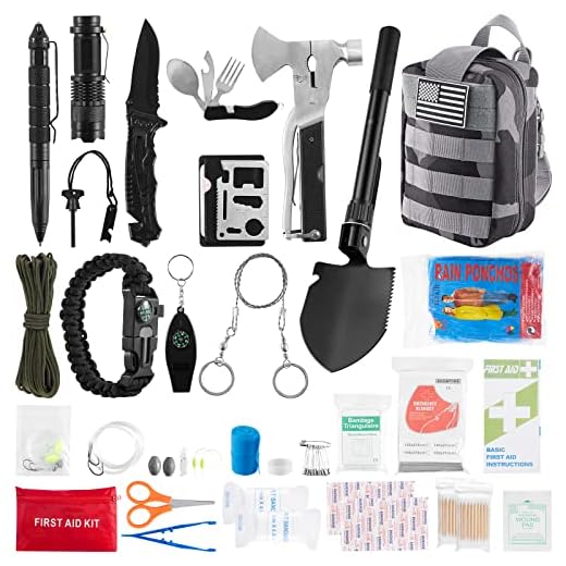 Outdoor Camping Emergency Gear Equipment, Men Military Tactical Survival Kit Supplies with Multitool Axe Hammer, Molle Pouch Backpack for Wilderness, Hiking, Earthquake