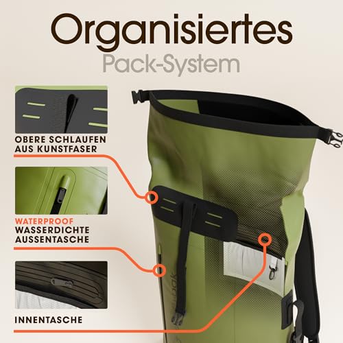 Foto von Earth Pak Summit Serie wasserdichter Rucksack, Backpack mit leistungsstarkem Reißverschluss und Rolltop, wasserfester Handyhülle Grün 55L