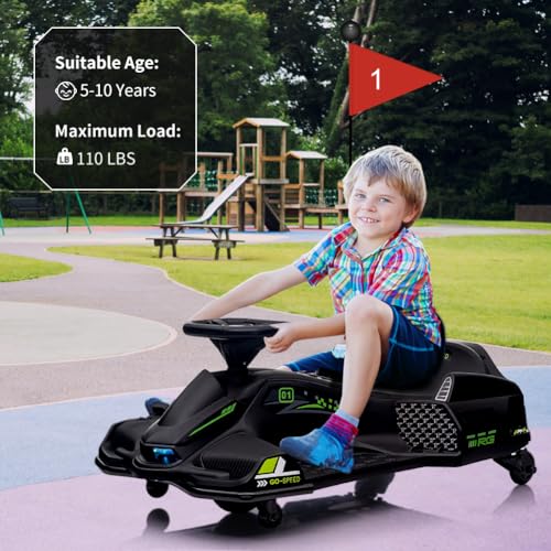 Image of 12V Kids Ride on Drift Car for Kids, 7ah 45W Motor Electric Drifting Go-Kart Up to 5 mph Variable Speed, Built-in Music,Colorful Tail LED Light,USB,Low-Power Alarm, Max Load 110lbs, Black
