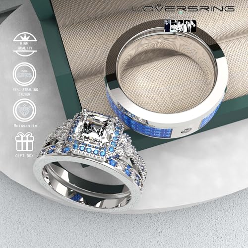 Wedding Ring Sets His And Hers Promise Ring Wedding Ring Sets His And Hers Couples Women 925 Sterling Silver Square Cut Moissanite Man titanium Wedding Band4