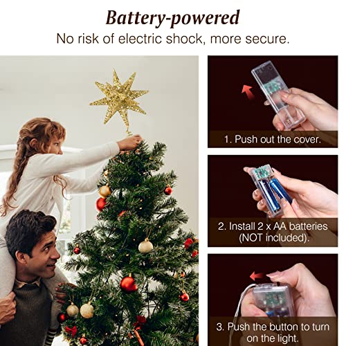 Lewondr Christmas Star Tree Topper, Battery Powered 3D Geometric Star Decorative Treetop Star With Led Light Beads For Home Holiday Xmas Tradition Moravian Decor, Timer Function, Gold #TOP6