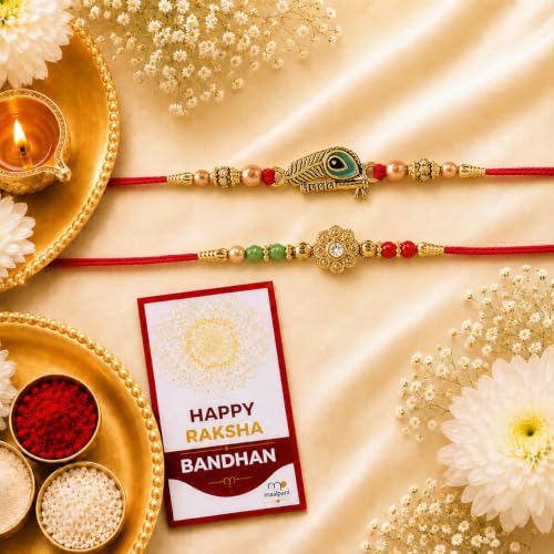 Image of maalpani Stylish Rakhi Set of 2 for Brother with Cadbury Celebrations Chocolate Box & Roli Chawal Tika | Traditional Rakshabandhan Gift Hamper | Festival Combo