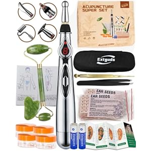 Acupuncture Super Set: 5-Head Electronic Acupuncture Pen + Gua Sha Tool + Ear Seeds + Retractable Acupuncture Pen + 4 x Extra Massaging Gel + Tweezers+Chart+Batteries (Acupuncture Set(with A new bag))