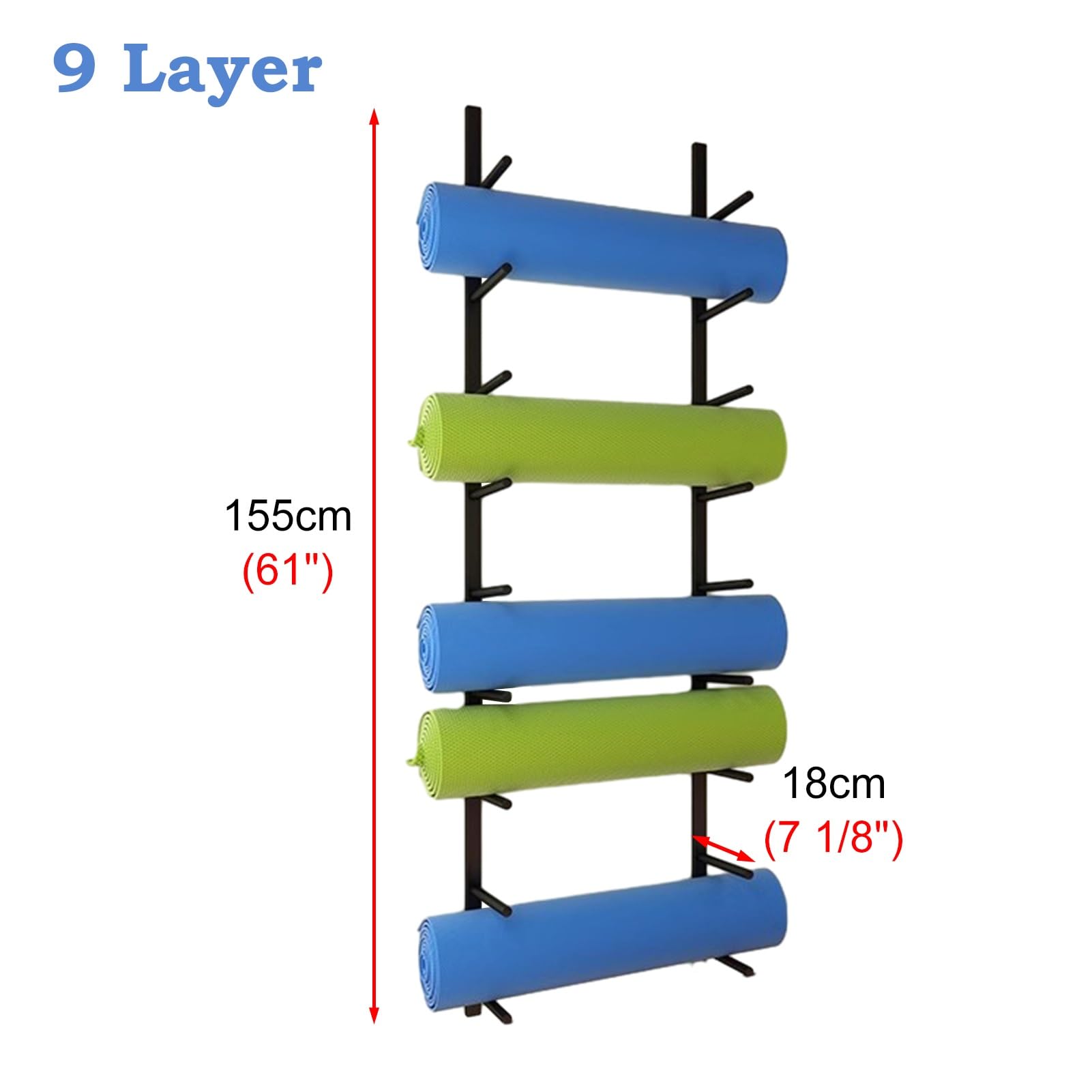 Support Tapis de Yoga 9 Couches Support Mural pour Support de Tapis de Yoga, Accessoires de Gym à Domicile Décor, Stockage de Rouleaux en Mousse, Noir Support Organisateur Mural