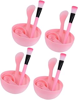 DIY Brush Stick Spoon and Bottle Facial Mask Bowl Tool Set | Pvc Pink 4 Sets, Includes Measuring Cover and Cleansing Sponge, Handy for Ladies and Girls Daily Use
