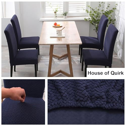 Image of House of Quirk Elastic Jacquard Chair Cover Stretch Removable Washable Short Dining Chair Cover Protector Seat Slipcover (Pack of 4, Navy Blue)