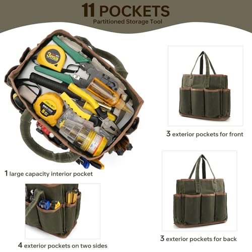13in Tool Bag, Heavy Duty 19oz Waxed Canvas Bag 11-Pocket Portable Tool Bag Organizer Storage Toolbox for Gardener Welders Electrician Working Men Mechanic | 13"L x 5.2"W x 11"H Brown - Image 2
