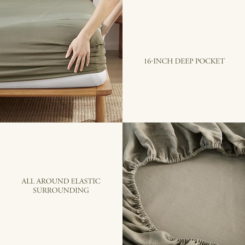 DAPU Pure Linen Sheets Set, 100% French Linen from Normandy, Breathable and Durable for Hot Sleepers, 4 Pcs Set - 1 Flat Sheet, 1 Fitted Sheet, 2 Pillowcase (Forest Green, Queen)