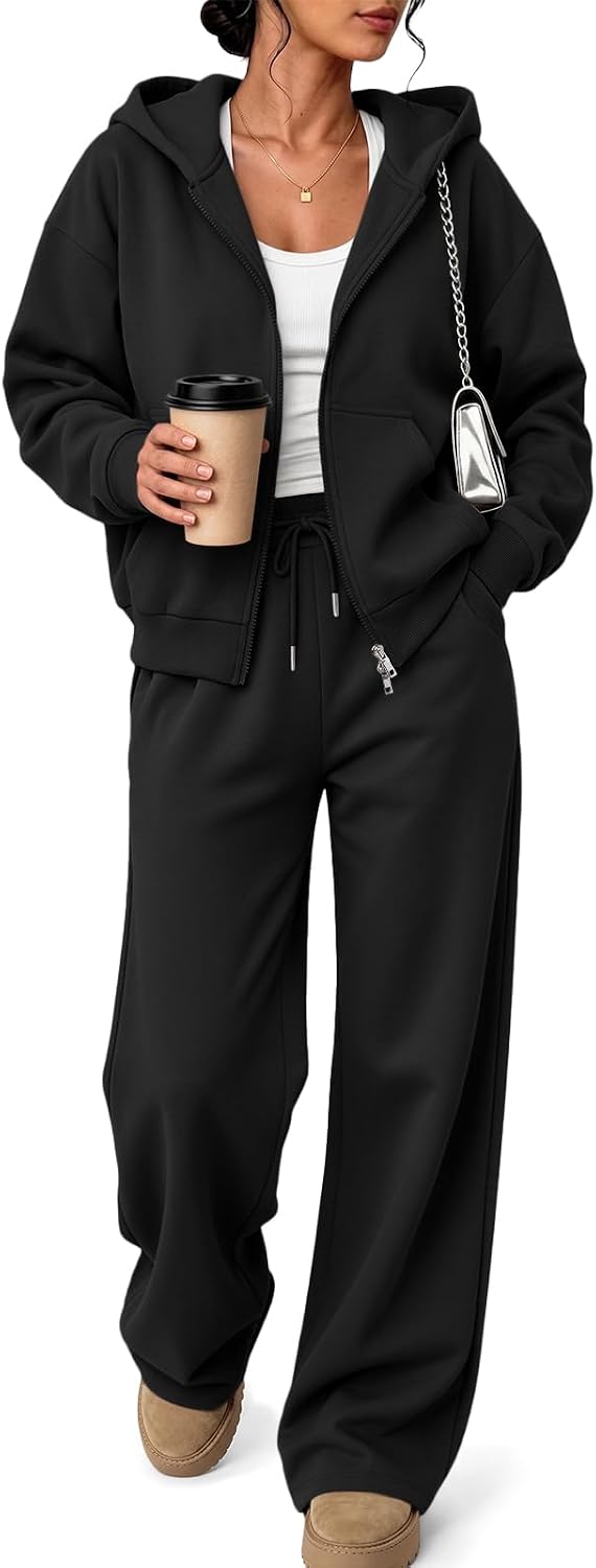 Trendy Queen Womens 2 Piece Sweat Sets Lounge Fall Matching Sweatsuits | Zip Up, Oversized Hoodie, Wide Leg Sweatpants, Airport Travel Outfits, 2026 Comfrt Winter Track Suits