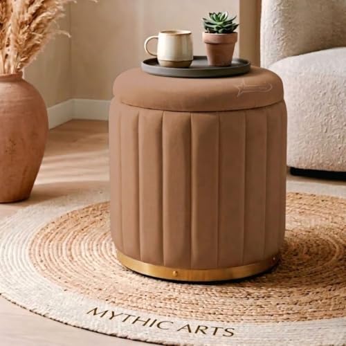 Image of Superior Round Storage Ottoman Stool 13 X 13X 16 inch, with Gold Metal Base | Elegant Pouffe with Secret Storage | Cushioned Footrest for Living Room, Bedroom, and Lounge Coffee