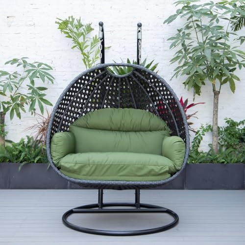 Image of Double Seater Hammock Swing Chair with Stand & Cushion | Heavy Duty Powder Coated Steel Frame | Outdoor Indoor Hanging Swing for Patio Balcony Garden Terrace Living Room (Grey-Green)