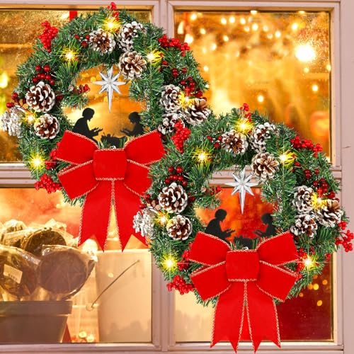 Riceshoot 2 Pcs Christmas Lighted Wreath 11.8 Inches Christmas Nativity Scene Door Wreaths with Led Lights and Red Bow Ornaments Xmas Outdoor Indoor Hanger Decorations for Front Door Gate Wall Window