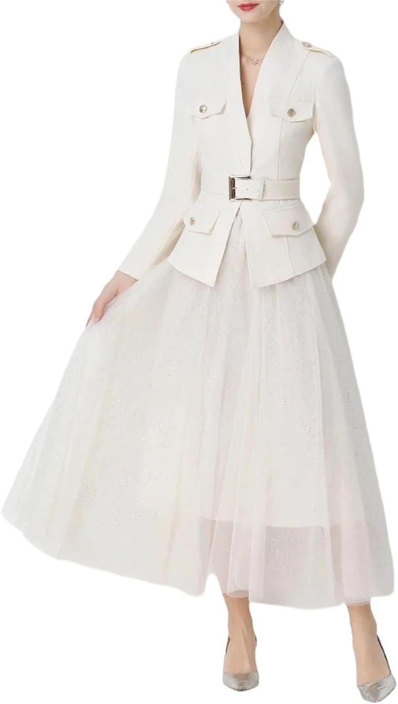 Women's Notched Collar Long Sleeve Single Breasted Mesh Jacket with Sash and Mid Calf A-Line Skirt Two Piece Workwear Set