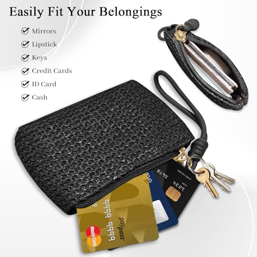 LJCZKA Straw Coin Purse for Women Small Straw Purse Zipper Clutch Wristlet Coin Wallet Bohemian Summer Beach Mini Pouch Bag (Black)4