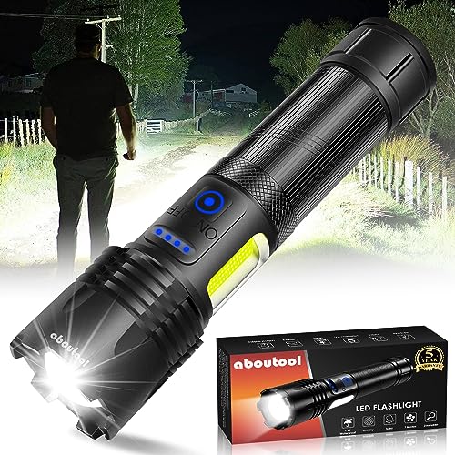 aboutool Rechargeable Flashlights High Lumens, 250,000 Lumen Super Bright LED Flashlight with 7 Modes, Powerful Tactical Flashlights with COB Light, IPX6 Waterproof for Camping, Hiking, Emergencies