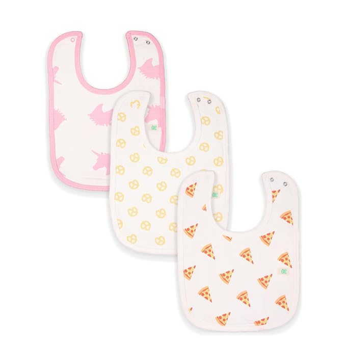 Kidbea 100% Organic Cotton Feeding Infants and Toddlers Baby Apron Ultra-Soft Infant Apron Unisex Reusable Bibs Pack of 3 Unicorn, Pizza and Pretzel Printed