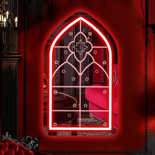 Image of Gothic Arch Window Neon Sign, Medieval Cathedral Mirror, Goth Lover Gift, Halloween Decor, Vintage Style Illuminated Mirror,Gothic Home Decoration 16.9 inchx9.6 inch