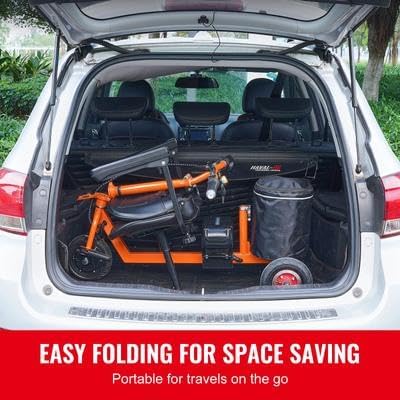 Happybuy mobility scooter folded and stored in the trunk of a car, demonstrating its space-saving design for travel.