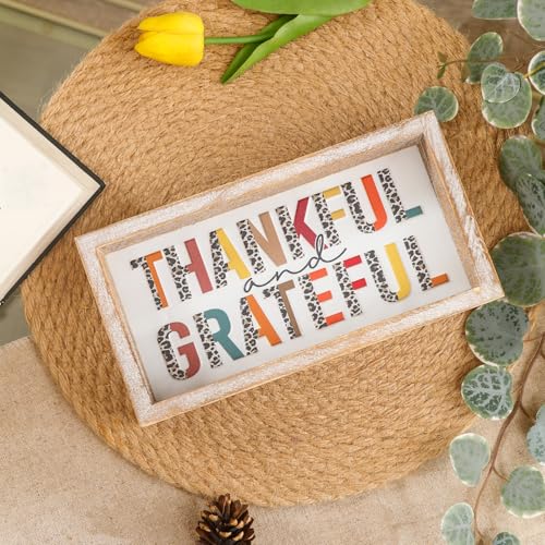 Image of Embossed Thankful and Grateful Sign, Thanksgiving Decorations for Table Cubicle Desk Mantel Fireplace, Vintage Thanksgiving Home Decor Leopard Print Wooden Sign