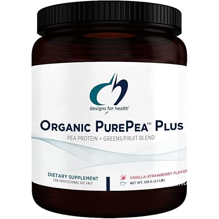 Designs for Health Organic PurePea Plus with Greens - Vanilla-Strawberry Pea Protein Powder with 18g Vegan Protein + Alkalizing Vegetables, Non-GMO Shake Smoothie Drink Powder (15 Servings / 510g)