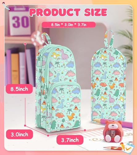 Image of Dravina Canvas Large Capacity Pencil Pouch with 3 Zippers & 5 Compartments| Aesthetic Stationary Standing Pencil Case| Waterproof School Box for Girls & Boys Unicorn Pencil Box (Green Dinosaur)