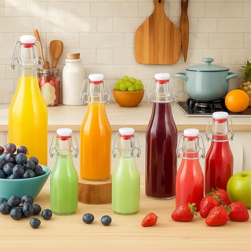 Image of Clear Glass Bottles with Airtight Swing Top Lids - Leakproof Reusable Round Glass Jars for Water, Juice, Kombucha, Milk, Vinegar, Oil & Beverages - Pack of 4 (Clear)