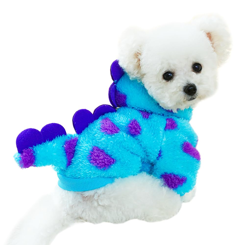 Dinosaur Dog Clothes for Small Dog Girl Boy, Fleece Winter Puppy Hoodies with Leash Ring, Cold Weather Coat for Cat, Funny Dinosaur Costume for Christmas Halloween. (Blue-2, X-Small)