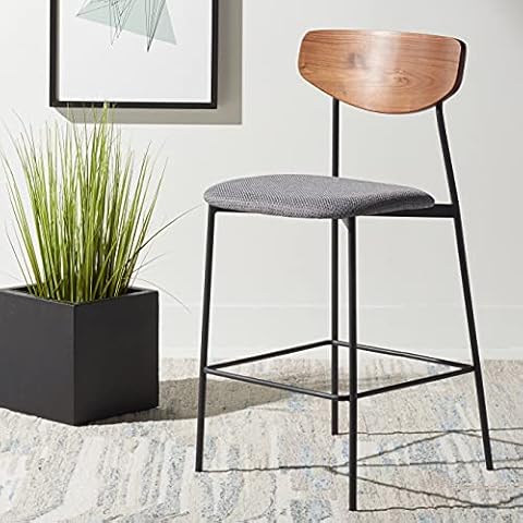 Taburete de cocina Ryker de SAFAVIEH con respaldo de estilo de mediados de siglo, marco de hierro negro y cojín de asiento gris de felpa Cover