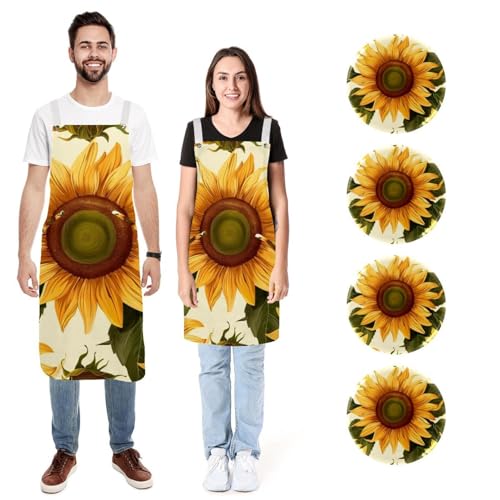 Tablier vintage tournesols jaunes : fini les taches ! Lot de 2 tabliers de chef doux à poches