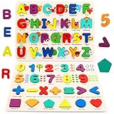 Kerarme Toddler Puzzles,2 in 1 Wooden Peg Puzzle Set Wooden ABC Alphabet Number Shape Puzzles Board Toddler Preschool Learning Toys for Kids Ages 3-6 Boys and Girls
