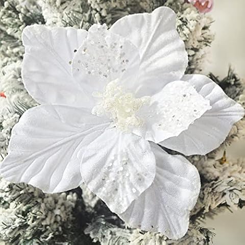 GL-Turelifes Chunky Glitter Christmas Flowers Large Velvet Poinsettia Artificial Floral Ornaments Pack of 6 Folded Flower for Christmas Tree Decoration Wedding Centerpiece (White) Cover